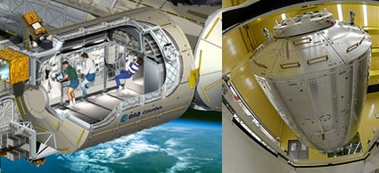 A gauche, vue d'artiste du laboratoire Columbus. Crédits : ESA/D. Ducros. A droite, transport du module au Kennedy Space Center. Crédits : ESA/S. Corvaja