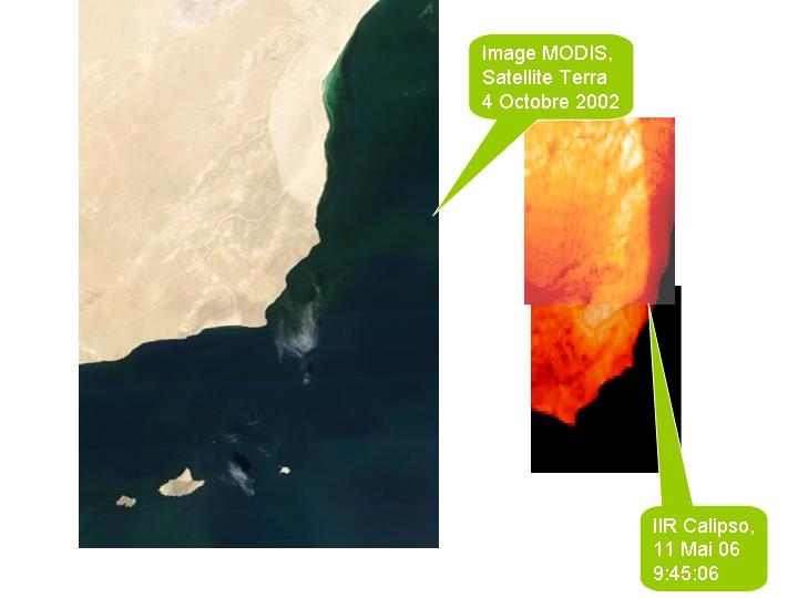 Comparing images from Modis and the IIR. The rivers (image 1) and the slopes (image 2) appear clearly.