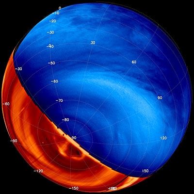 Image composite de Vénus obtenue dans l&#039;ultraviolet et l&#039;infrarouge grâce aux instruments VMC et Virtis. Credits: ESA/VIRTIS and VMC teams