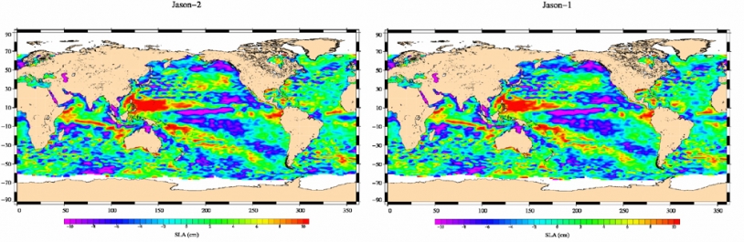 Carte Jason-2  (à gauche) d’anomalie du niveau de la mer tracée à partir des données du 4 au 14 juillet 2008 ; à droite, la même carte tracée à partir des données équivalentes de Jason-1. Crédits : CNES.